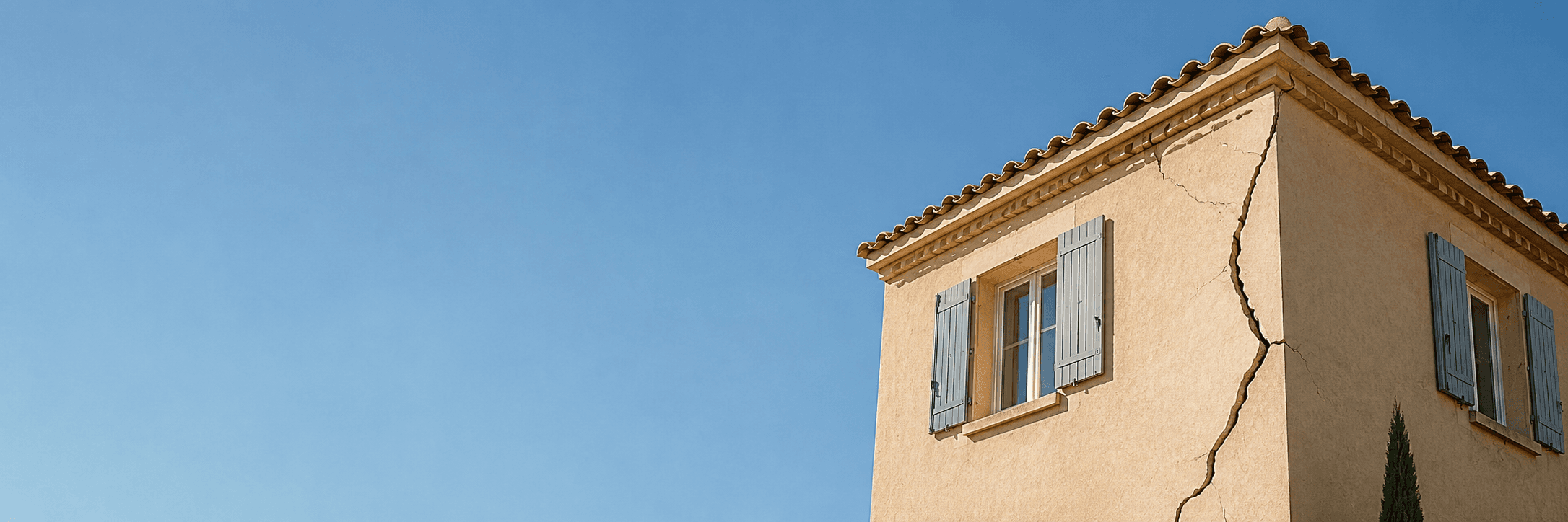 Maison individuelle avec une fissure visible sur la façade, sous un ciel dégagé